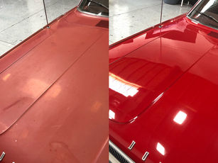 Paint correction before and after, a red hood dull on the left and mirror-gloss on the right